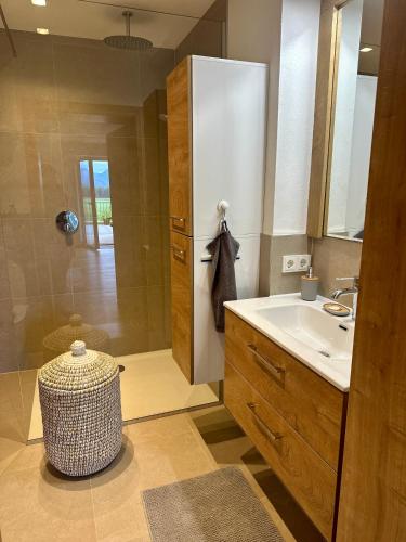 a bathroom with a sink and a shower at Apartment Postplattler in Hof bei Salzburg