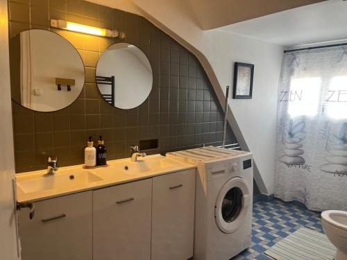 a bathroom with a sink and a washing machine at Comptoir du Golf Studio in Villedieu-sur-Indre