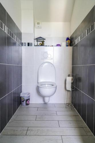 a bathroom with a white toilet in a room at Les Bleuets - Erdivines in Erdeven