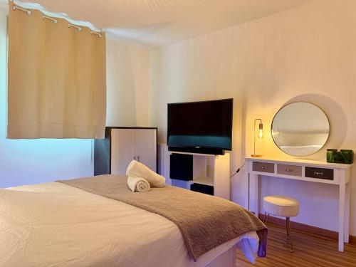 a bedroom with a bed with a mirror and a tv at Le refuge douillet de Colomiers - proche Airbus in Colomiers
