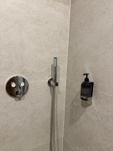 a shower with a soap dispenser in a shower stall at Apartment Orol view of the Tatras with a private sauna in Svit