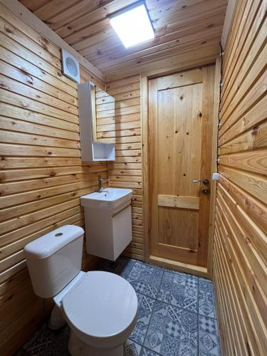 a wooden bathroom with a toilet and a sink at Eco-friendly Guesthouse Tea Gezruli 25 km from Chiatura in Tsinsopʼeli