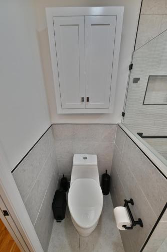 a bathroom with a white toilet and a cabinet at Farmhouse in Hershey in Hershey