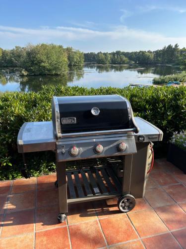 a grill sitting on a patio next to a river at Direkt am See mit privatem Sandstrand in Güster
