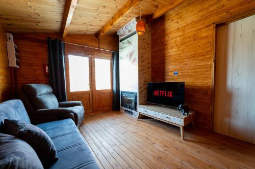 a living room with a couch and a tv at Ktima To Alliotiko - Lofou 1 in Lofou