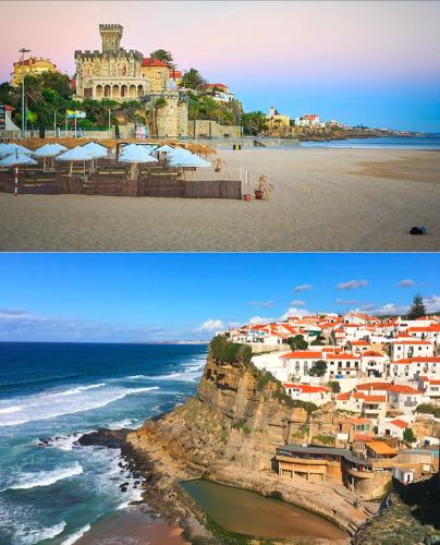 two pictures of a beach with a town and the ocean at Stays Cascais Portugal in Estoril