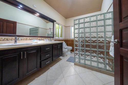 a bathroom with a toilet and a sink and a shower at Space Freedom Connection in Sosúa