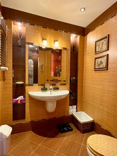 a bathroom with a sink and a toilet at Apartament Pers - przytulny, klimatyzowany, z kominkiem i bezpłatnym parkingiem in Szczawno-Zdrój