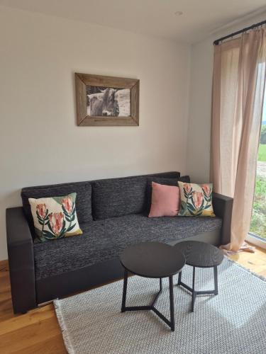 a living room with a black couch and a table at Ferienwohnung NoEl in Dietmannsried