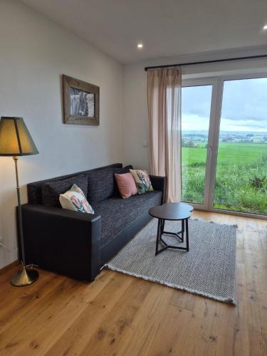 a living room with a couch and a large window at Ferienwohnung NoEl in Dietmannsried