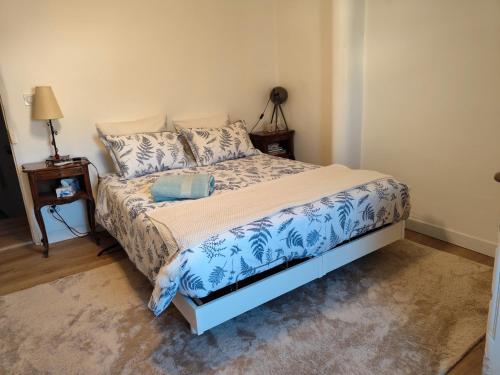 a bedroom with a bed with a blue and white comforter at Maison En Centre Ville in Saint-Saturnin-lès-Avignon