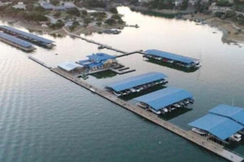 an aerial view of a marina in the water at Lago Vista Retreat in Lago Vista