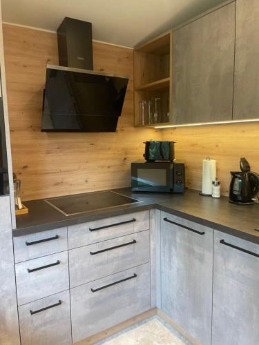 Kuchyň nebo kuchyňský kout v ubytování Appartement Waldzauber