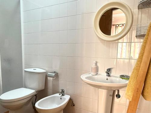 a bathroom with a toilet and a sink and a mirror at Casa do Cisne in Porto Santo