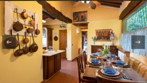 a kitchen and dining room with a long table with blue dishes at Podere Belvedere in Moncioni