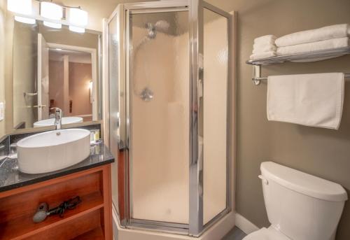a bathroom with a shower and a toilet and a sink at Painter's Lodge in Campbell River