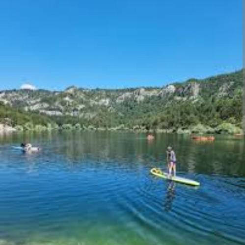 a man standing on a paddle board in the water at Grahovo Čelin Stream in Grahovo