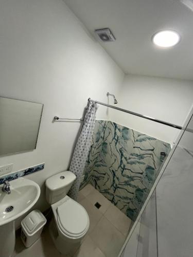 a bathroom with a shower and a toilet and a sink at Hotel Santa Marta VIP in Santa Marta