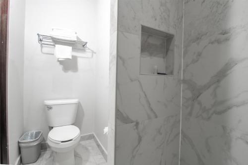 a bathroom with a toilet and a glass shower at Best Western Plus Santa Cecilia Pachuca in Pachuca de Soto