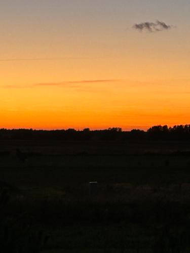 a sunset over a field with trees in the background at Jora prabangūs dviejų kambarių apartamentai in Stančiai