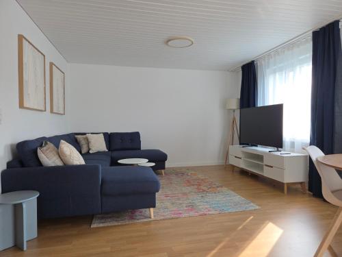 a living room with a blue couch and a tv at Apartment for 5, close to Zurich and Luzern, free private parking in Wohlen