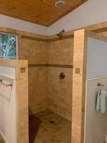 a bathroom with a shower with a glass door at Peaceful Olinda Getaway in Makawao