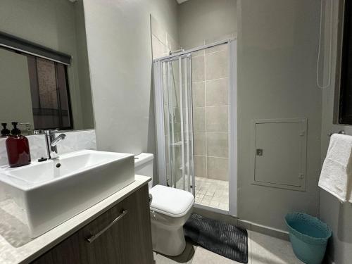 Un baño con lavabo, inodoro y ducha. en Serene Studio - Steps away Rosebank Mall, en Johannesburgo