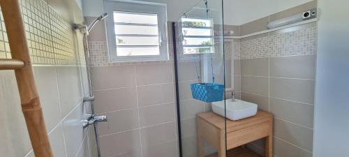 a bathroom with a shower with a toilet and a sink at Le Royal Horizon in Deshaies