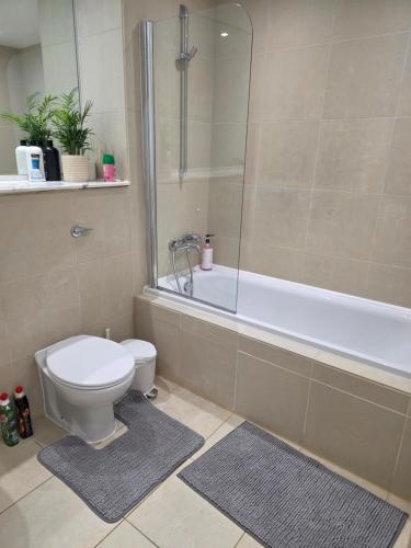 a bathroom with a shower and a toilet and a tub at Hacienda in Manchester