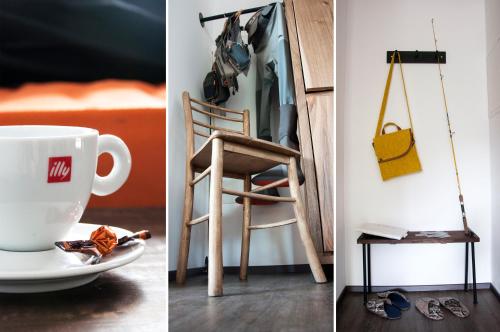 two pictures of a coffee cup and a chair at Guesthouse S in Luče