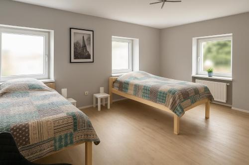 a bedroom with two beds and two windows at Wohlfühlzimmer Marienheide in Marienheide