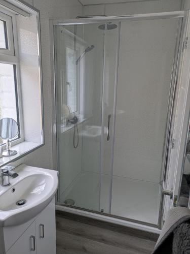 a white bathroom with a shower and a sink at Pinecroft in Pembrokeshire