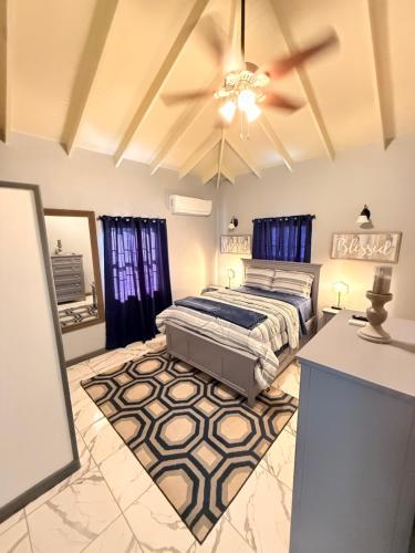 a bedroom with a bed and a ceiling fan at Coolidge Inn in Saint Johnʼs