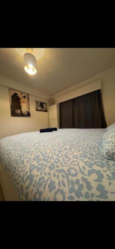 a bedroom with a bed with a blue comforter at Chambre ROOM 1 in Dilbeek