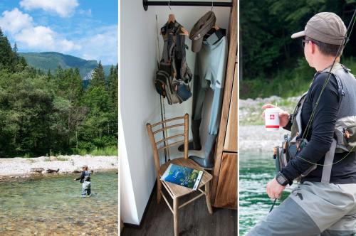 two pictures of a man standing in the water and a man standing in a river at Guesthouse S in Luče