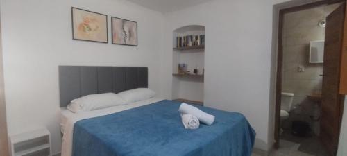 a bedroom with a bed with a blue blanket at Casa Azul em Santa Tereza in Belo Horizonte