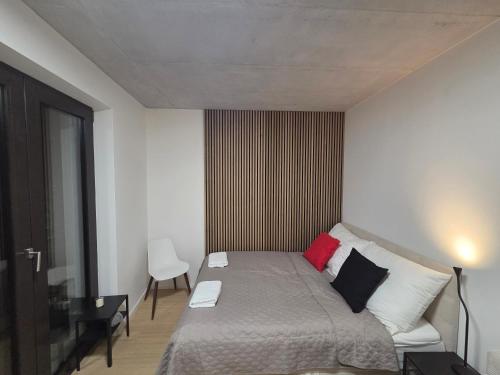 a bedroom with a bed with a red pillow at Haas Apartments Art with parking, bakery, coffea in Brno