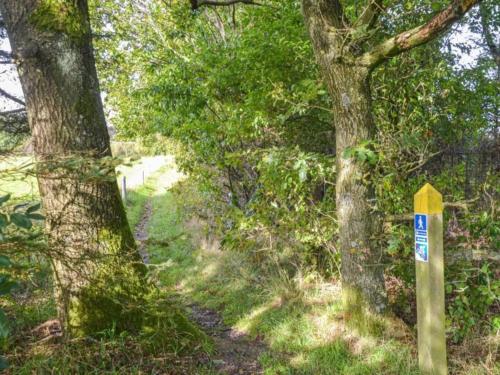 a sign on a trail in a forest with trees at 8 person holiday home in Hovborg-By Traum in Hovborg