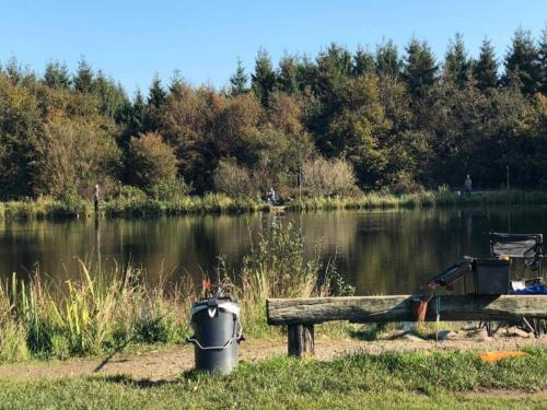 a park bench with a trash can next to a lake at Modern Retreat in Arrild - By Traum Ferienwohnungen in Toftlund