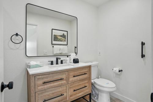 a bathroom with a sink and a mirror and a toilet at Solana Gem - Need to add in Solana Beach