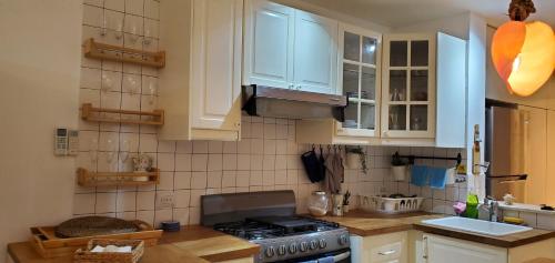 a kitchen with white cabinets and a stove at Caribean Seascape in Villas del Mar