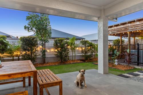 a dog sitting on a patio with a table and bench at Trinity Oasis Spa BBQ & Family Retreat in Trinity Beach