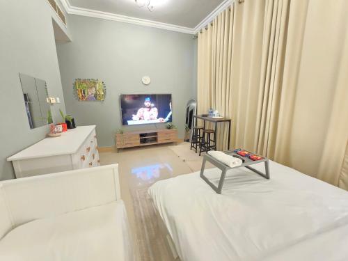 a living room with a couch and a tv at Modern Studio Near Dubai World Trade Centre in Dubai
