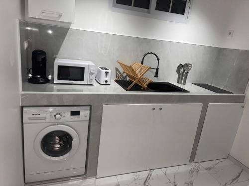 a kitchen with a washing machine and a microwave at Le Nid Tropical - T2 Climatisé - Proche du centre in Saint-Joseph