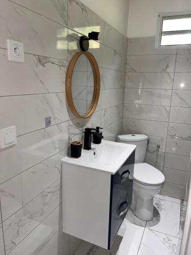 a white bathroom with a sink and a toilet at Le Nid Tropical - T2 Climatisé - Proche du centre in Saint-Joseph