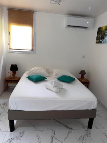 a bedroom with a white bed with green pillows at Le Nid Tropical - T2 Climatisé - Proche du centre in Saint-Joseph