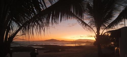 a sunset on a beach with a palm tree at Isla Sol Boutique in Puerto Villamil