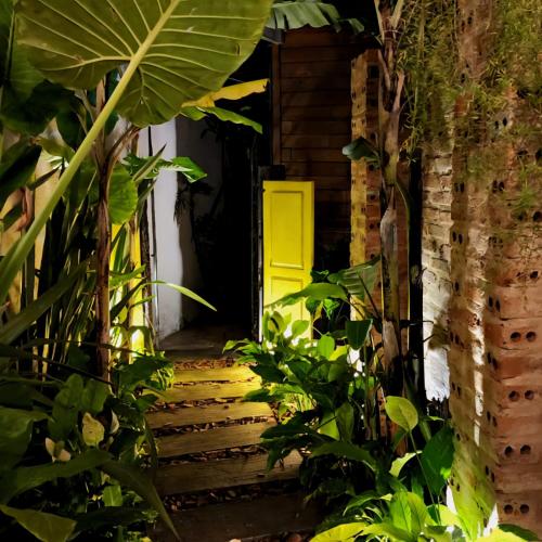 a yellow door in a building with plants at Bangalô das Lagartixas ,casa stúdio com piscina aquecida privativa a 20 minutos do Centro de Curitiba in Colombo