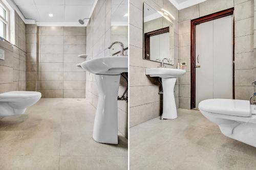 two pictures of a bathroom with a sink and a toilet at Townhouse Ekana Inn in Vibhuti Khand