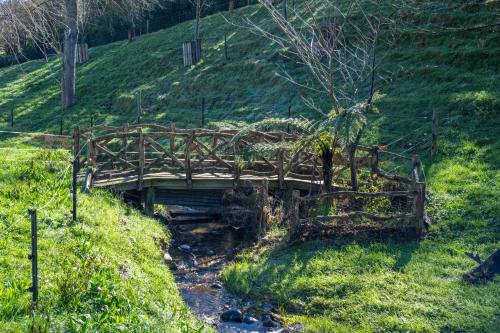 a wooden bridge over a stream in a field at Shiloh Luxury Retreat in Wakefield